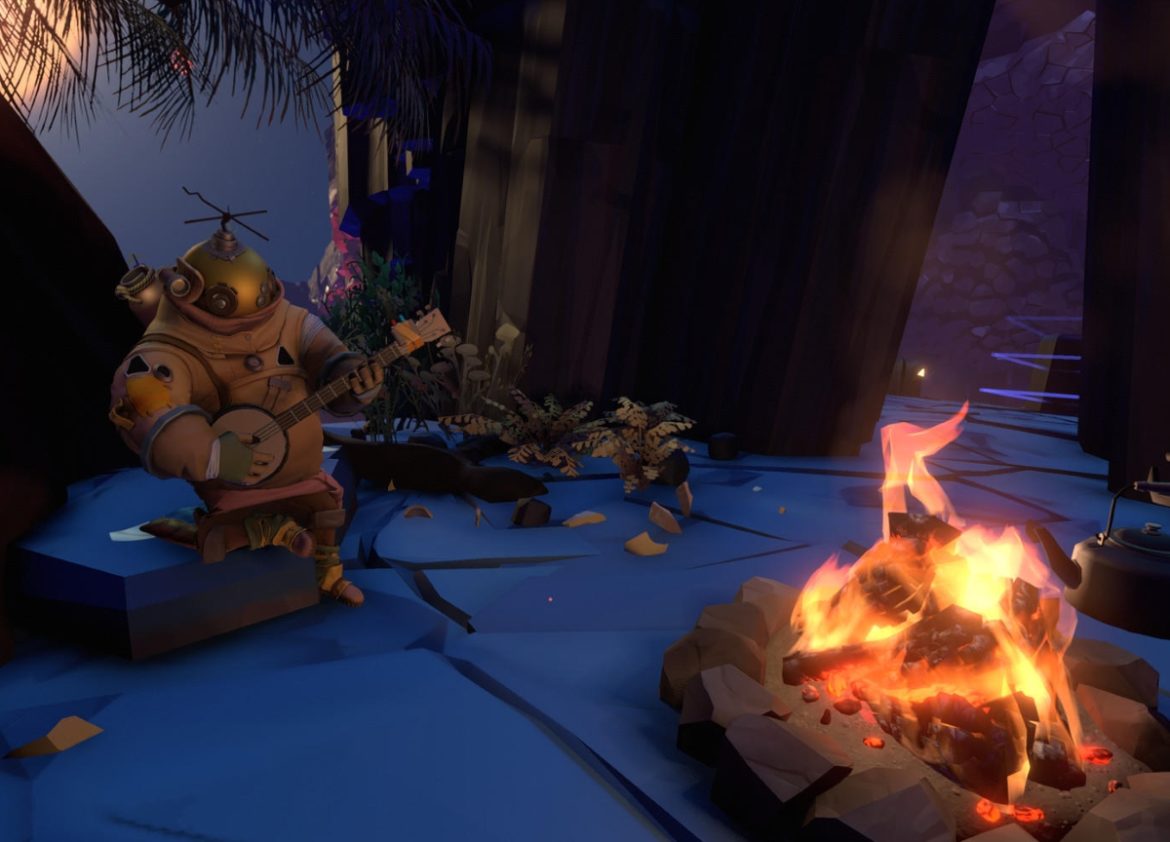 A screengrab showing one of the NPC astronauts playing the banjo by the fireside. We can see the vibrant glow of the star system's sun over their shoulder.