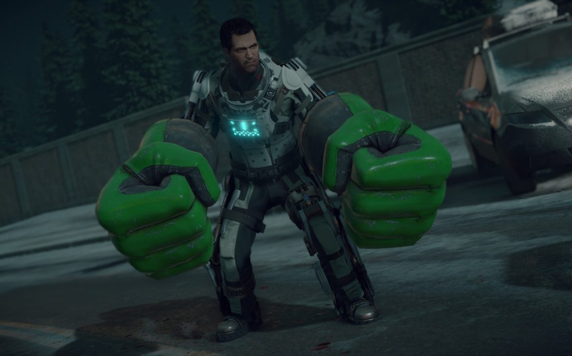 A screengrab of Dead Rising's Frank wearing what appears to be power armour and a pair of giant foam Hulk fists.