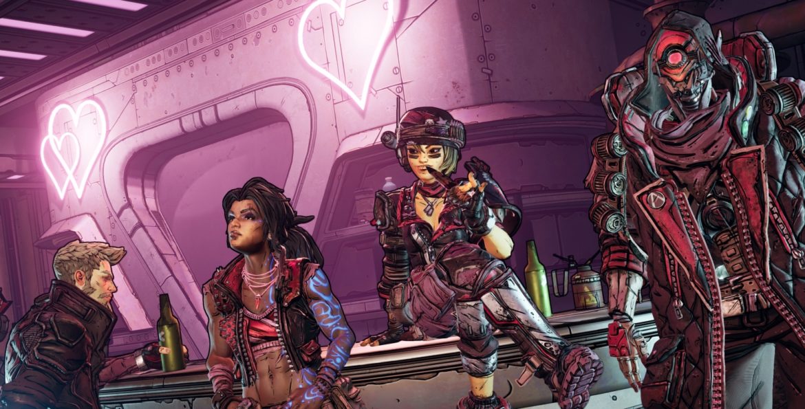A screenshot of the Borderlands 3 protagonists hanging at Moxxi's bar.