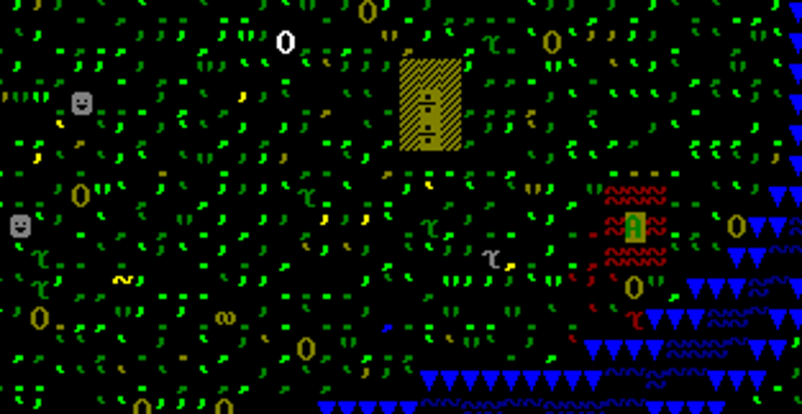 A screenshot of the game Dwarf Fortress, displaying the land by a riverside.