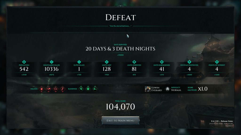Final Stand's score screen, summarising the details of my defeat.