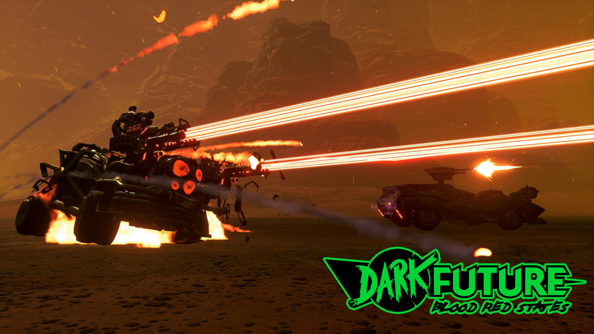 Dark Future wallpaper, showing two armed cars against a dusty desert backdrop. One car is firing laser beams.