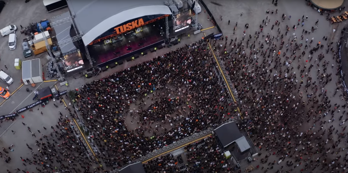 Aerial shot of the Tuska main stage, with a circle pit in the crowd.
