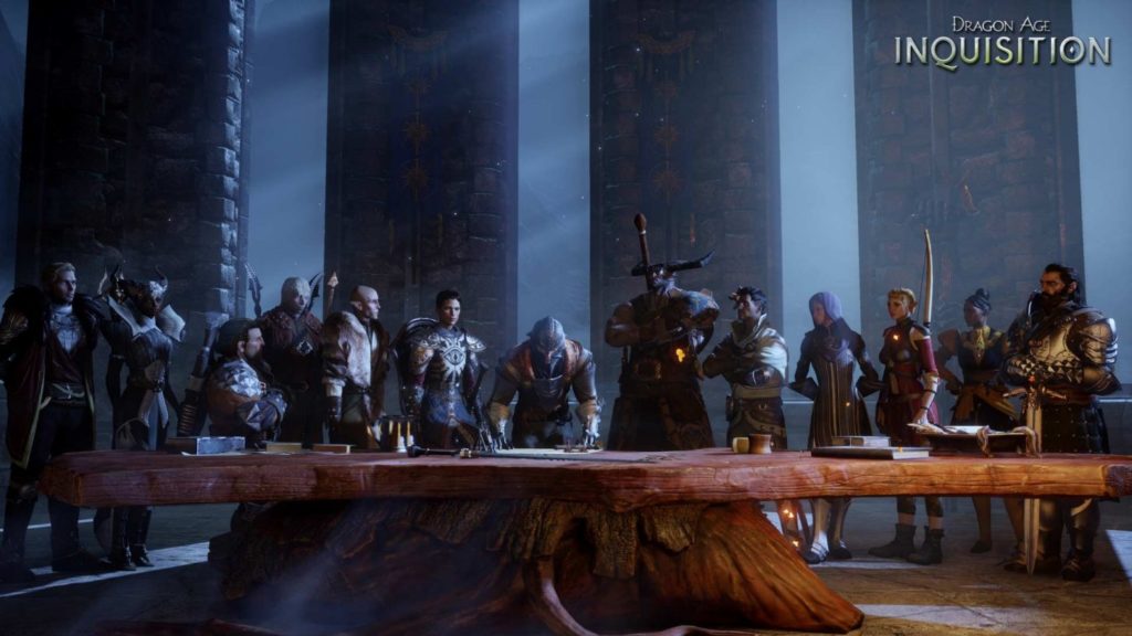 Dragon Age Inquisition's core cast standing behind the war table.
