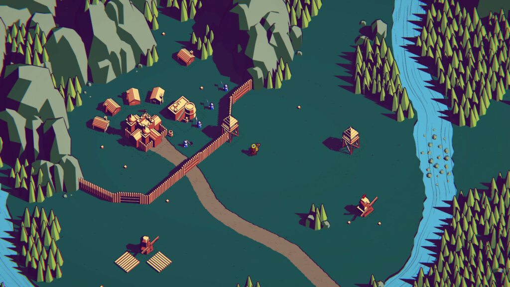 Screengrab of the first level in Thronefall, depicting a village with walls and outlying mills.