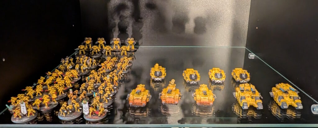 Painted Astartes models from the Legions Imperialis starter box, plus detachments of Deredeo dreadnoughts and Vindicator siege tanks