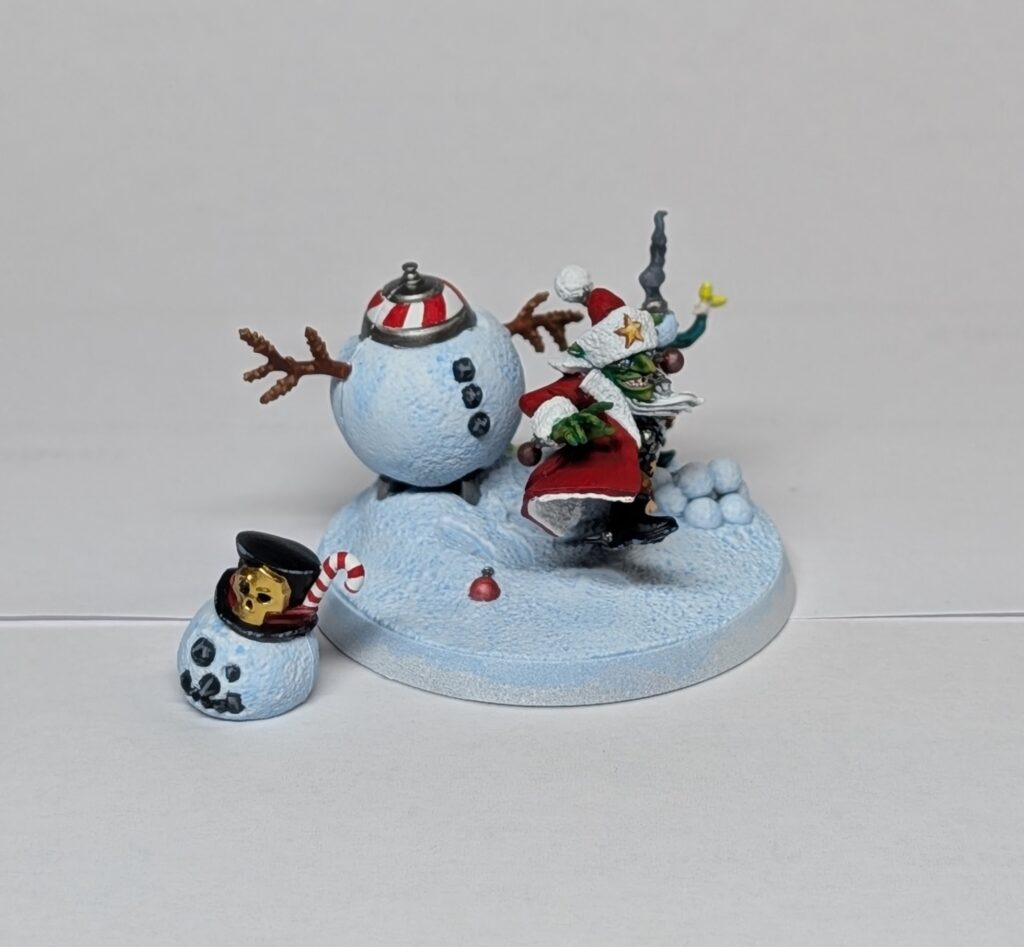 The finished model, photographed from the right. The snowman's head is also removed so you can see the bomb underneath.
