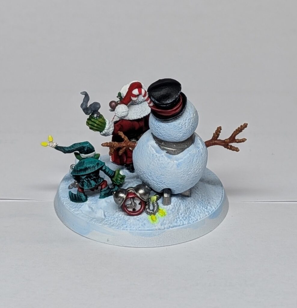 The finished model, shot from behind. Here you can see the clock wired up to the explosive snowman, and the glowing fairy lights. 