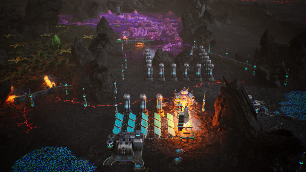 Screenshot of the game Calyx. This picture shows part of a player base, with two plant enemies visible outside its walls. One plant enemy is green with thick roots, and the other is a sprawling pink-purple fungal growth.