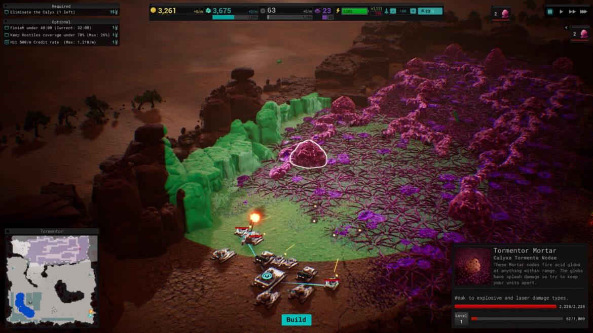 Screenshot of the game Calyx. This picture shows a group of player units fighting encroaching plant growth.